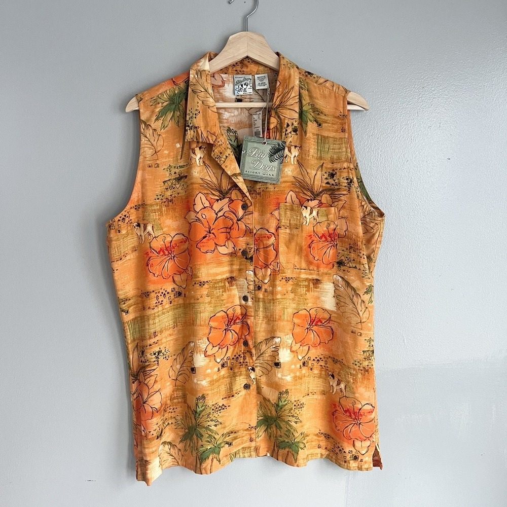 Big Dogs Women's Floral Sleeveless Top Button Front Blouse Hawaiian XL NWT